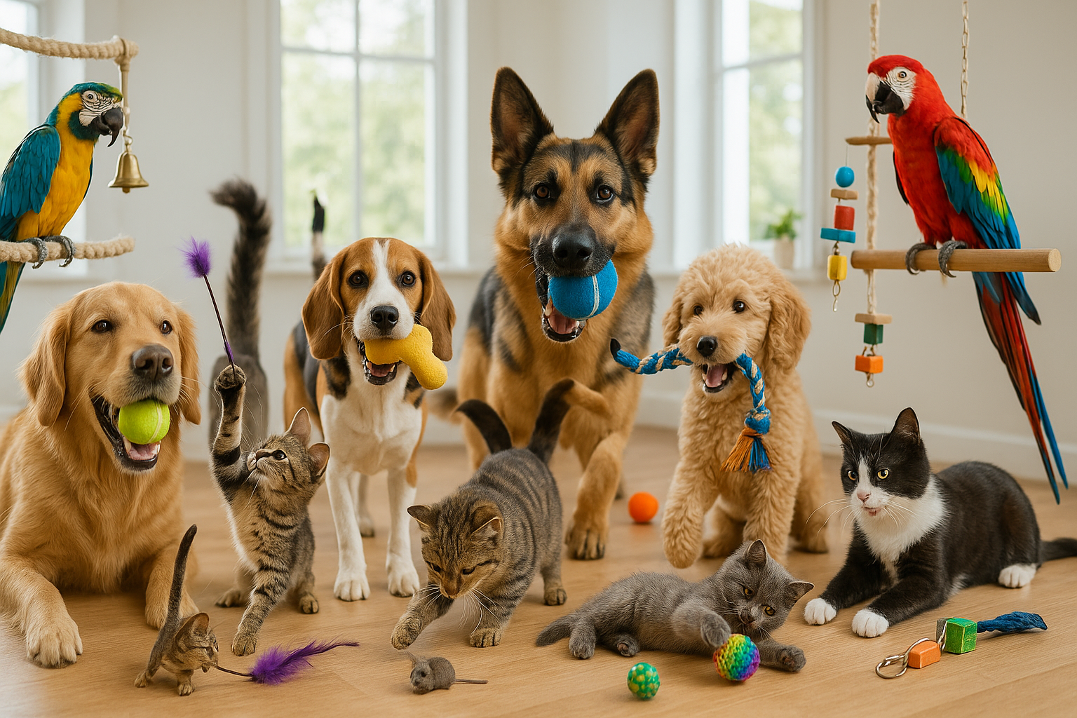 make me a cover with a whole lot of dogs cats and pariots playing with their pet toys and make it look real
